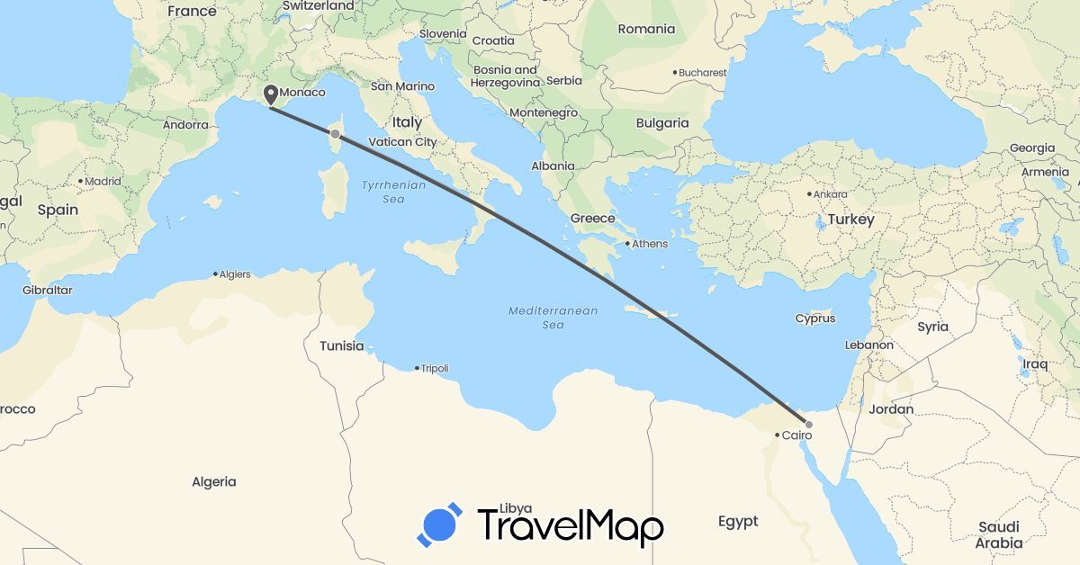 TravelMap itinerary: driving, plane, motorbike in Egypt, France (Africa, Europe)